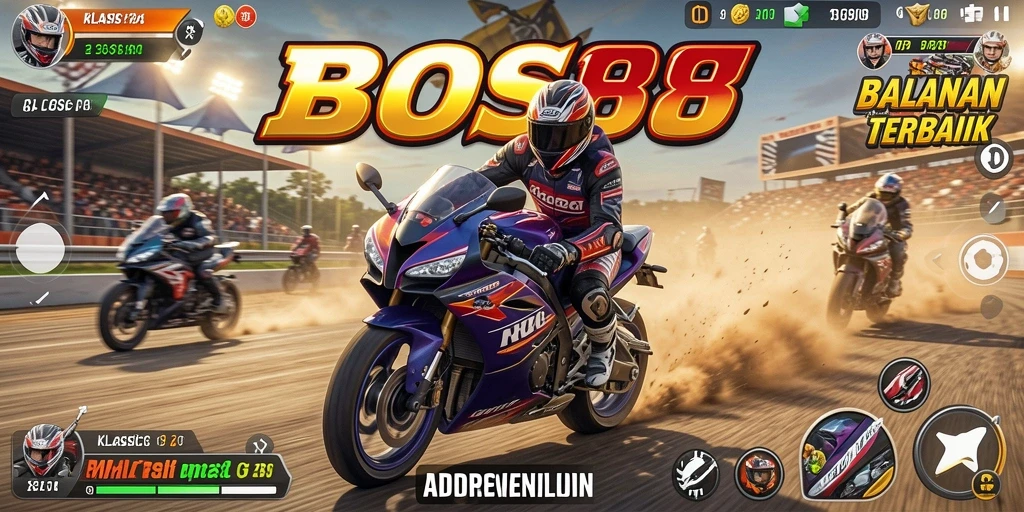 Tampilan gameplay seru di dalam <strong>BOS88</strong> yang menampilkan balapan motor yang mendebarkan.