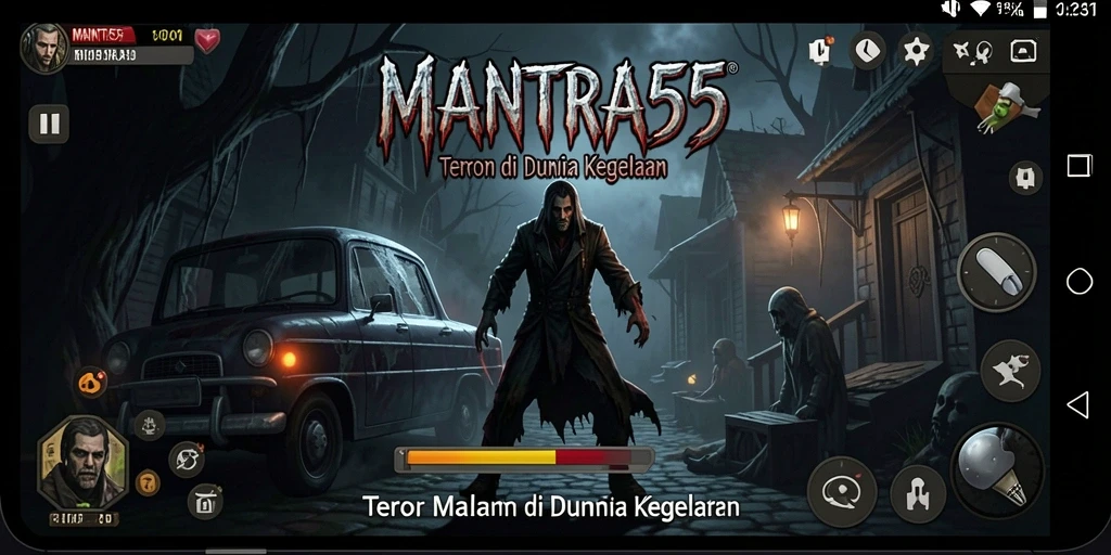 Tampilan gameplay yang mencekam dari MANTRA55 saat menjelajahi kegelapan.