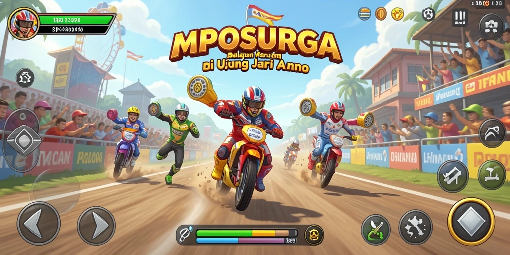 Screenshot gameplay MPOSURGA dengan mobil balap di trek yang menantang.